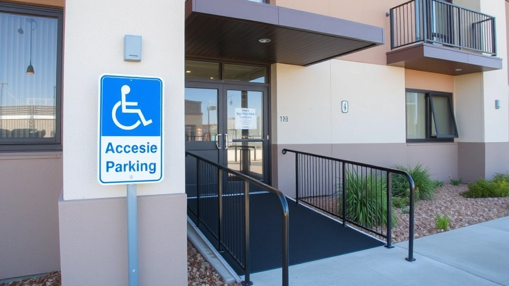 Accessible apartment entrance with ramp and accessible parking sign, modern building exterior, clear day, inclusive design fe