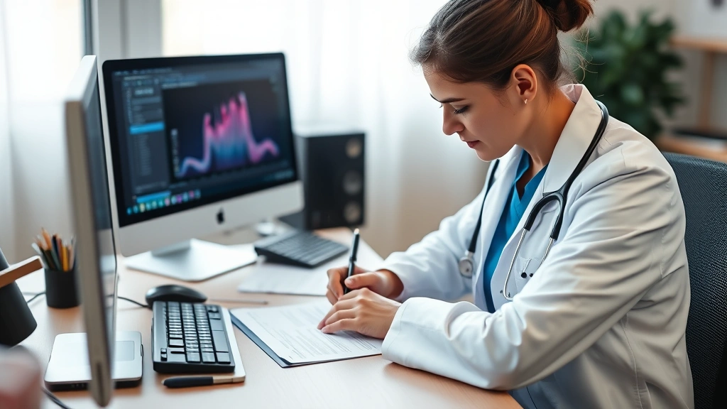Healthcare provider in white coat writing medical documentation at desk with stethoscope and computer