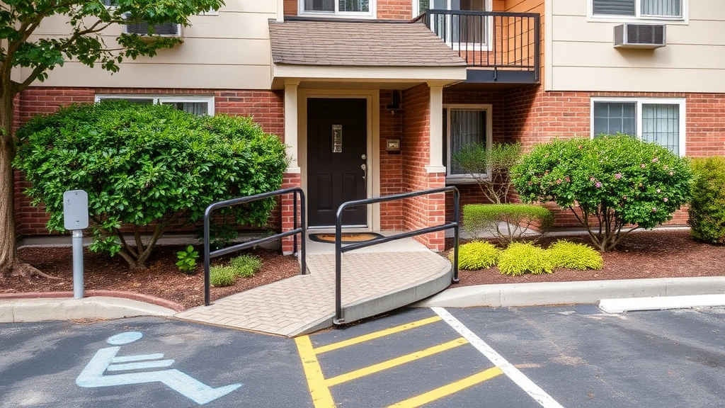 Accessible apartment entrance with wheelchair ramp and accessible parking space visible
