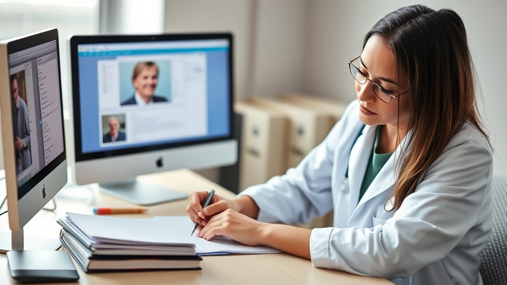 Licensed healthcare provider in white coat writing medical documentation at desk with patient file and computer visible