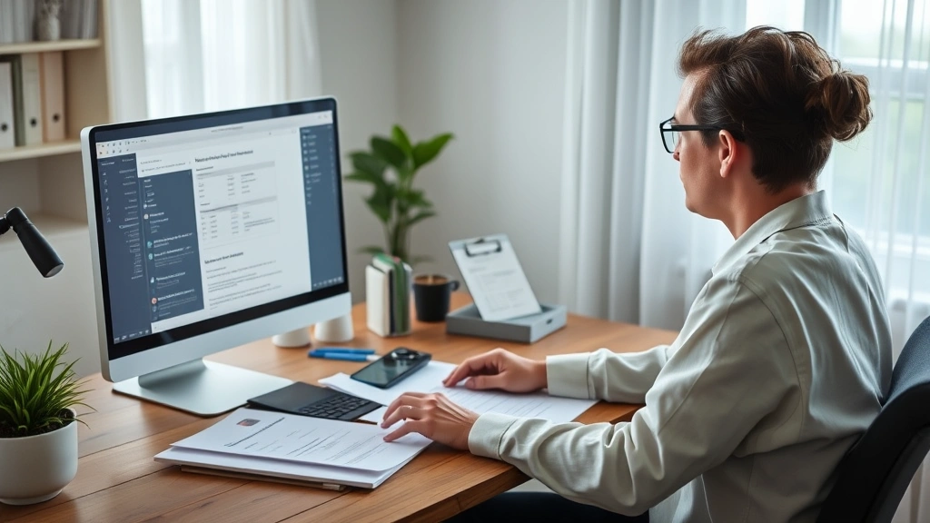 Person reviewing medical documentation on computer while preparing housing accommodation request materials at home desk