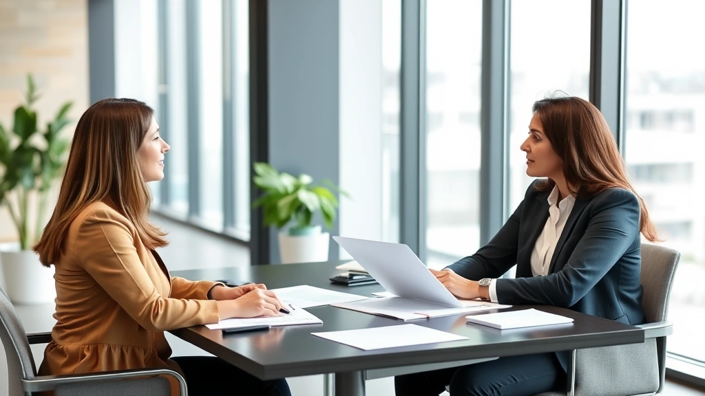 Professional meeting between HR manager and employee in modern office discussing accommodation plan with documentation on des