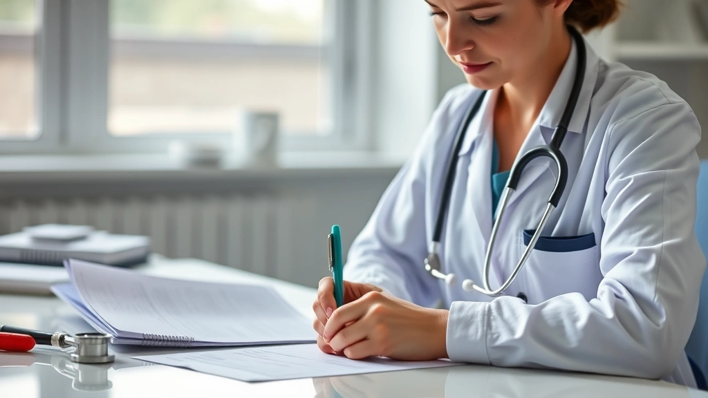 Healthcare provider writing medical documentation at desk with stethoscope and patient file, clinical setting with natural li