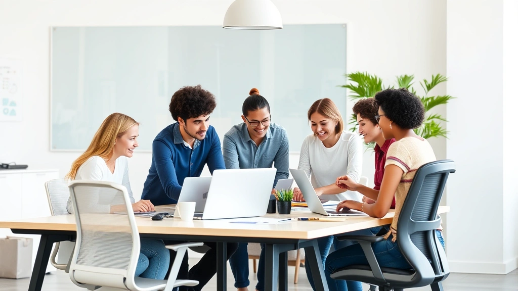 Diverse workplace team collaborating at table with flexible work setup including standing desk and ergonomic chair, inclusive