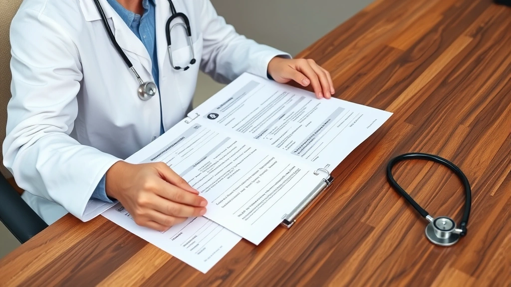 Healthcare provider in white coat reviewing medical chart and patient documentation at wooden desk with stethoscope nearby