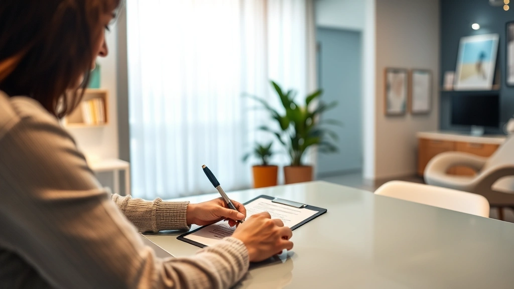 Person signing accommodation documentation with healthcare provider present in modern clinic office setting with warm lightin