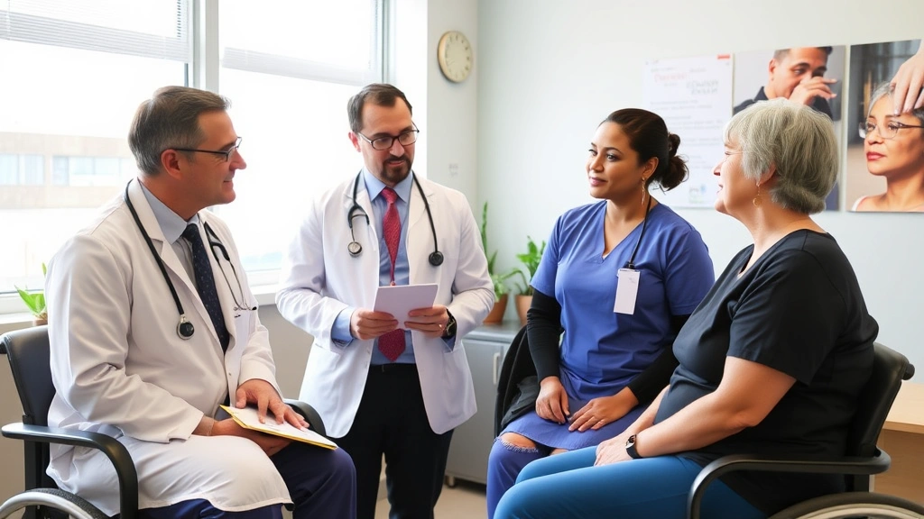 Diverse healthcare team including doctor, nurse practitioner, and therapist in professional setting discussing patient accomm