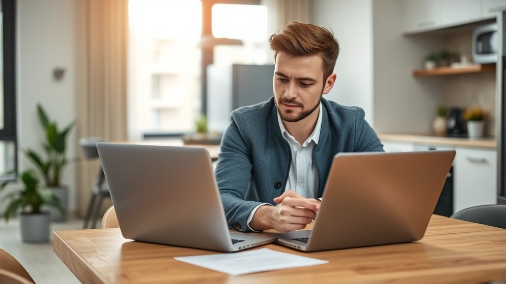 Diverse tenant sitting at kitchen table with laptop reviewing housing documents, warm natural light, modern apartment interio