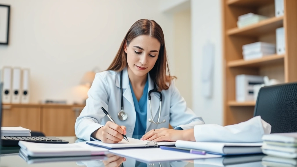 Licensed healthcare provider at desk writing medical documentation, stethoscope visible, professional office setting, focused