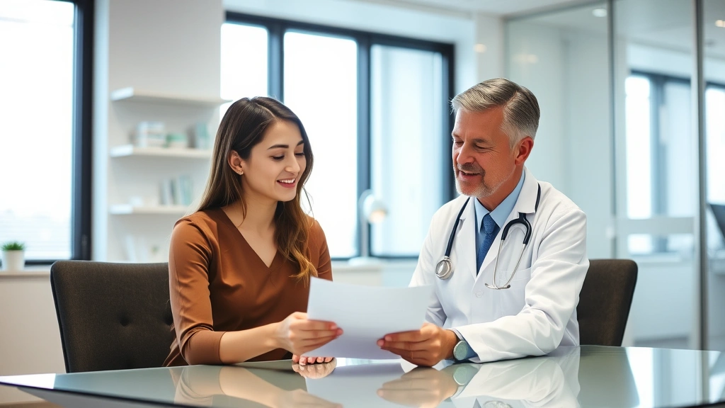 Professional woman meeting with female doctor in modern clinic office, both reviewing document on desk, warm lighting, compas