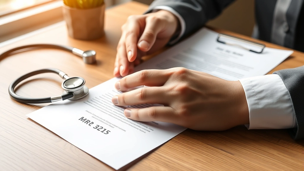 Close-up of hands holding official medical letter with letterhead, stethoscope nearby on wooden desk, natural daylight from w