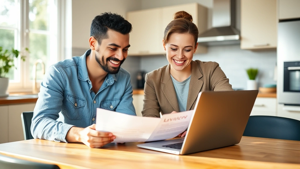 Diverse couple reviewing apartment lease agreement at kitchen table with laptop, smiling, natural home environment, bright af