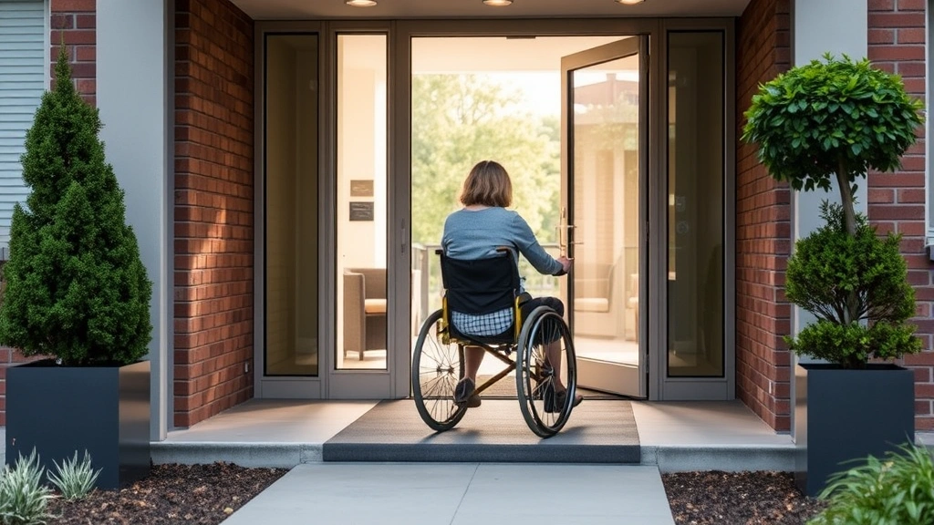 Woman in wheelchair accessing ground floor apartment entrance with accessible ramp and wide doorway in modern residential bui
