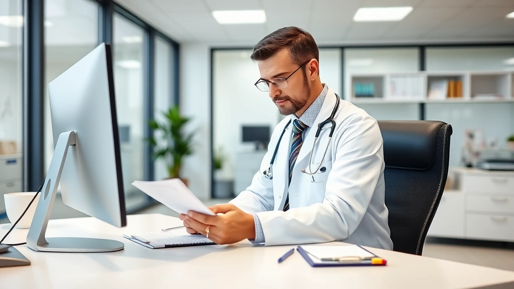 Doctor in white coat reviewing medical documents at desk with computer and stethoscope in bright clinic office