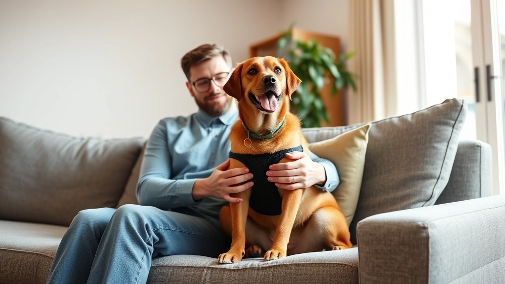 Person with service dog sitting together on comfortable couch in accessible apartment living room with natural light