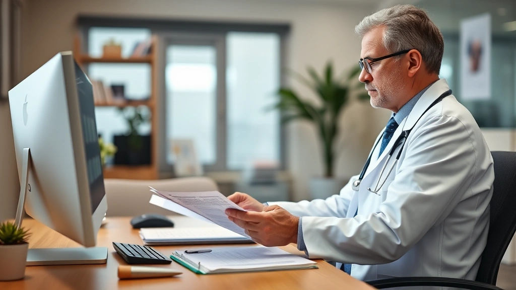 Healthcare provider in white coat reviewing medical documents at desk with stethoscope and computer, warm professional office