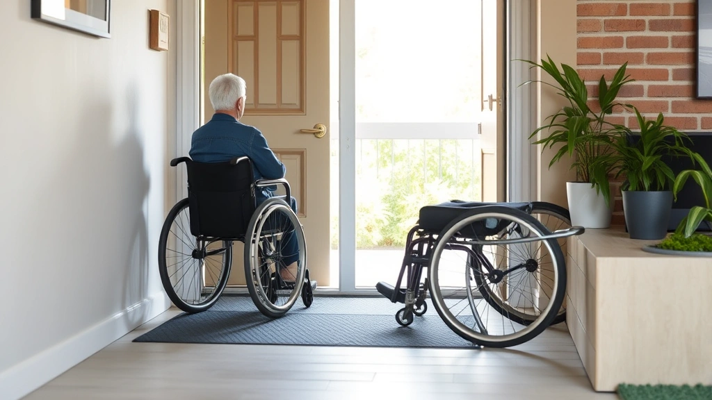 Person in wheelchair accessing ground floor apartment entrance with ramp and accessible door, bright natural lighting