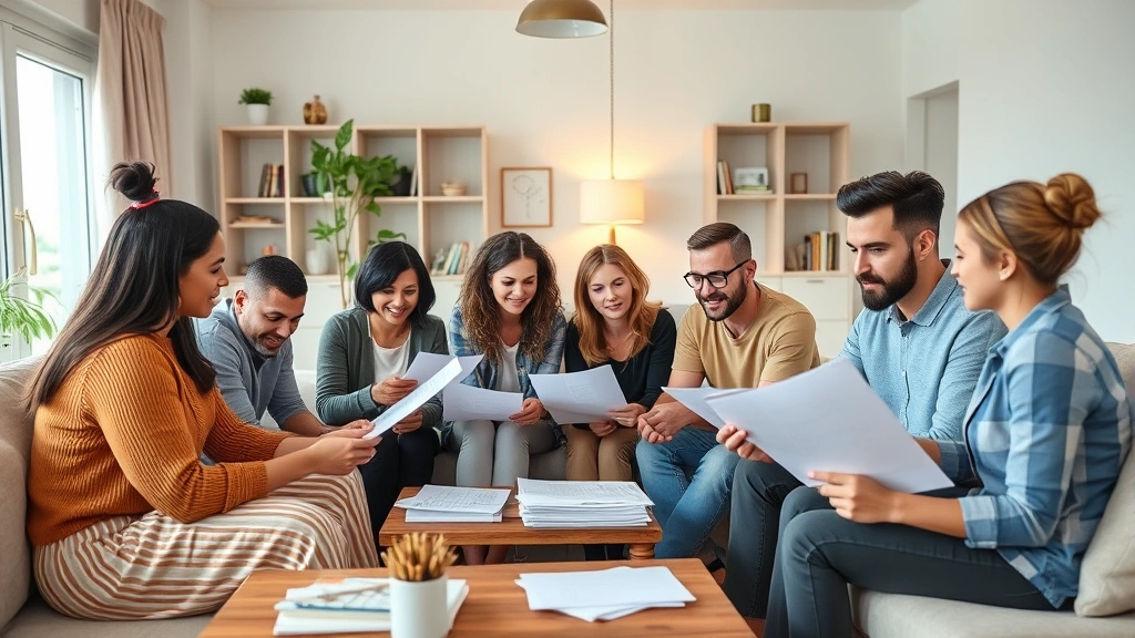Diverse group of people reviewing housing documents together in living room, collaborative supportive atmosphere