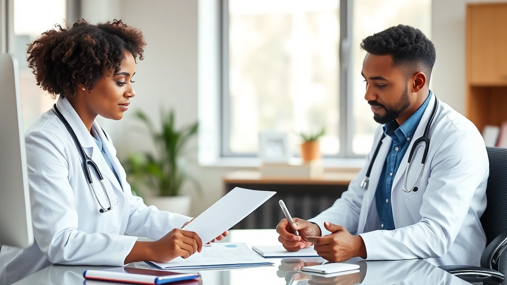 Diverse healthcare provider in white coat reviewing medical documents at desk with stethoscope and computer, professional off