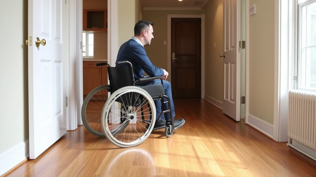 Person using wheelchair reviewing apartment features with landlord in accessible ground floor unit with hardwood flooring and
