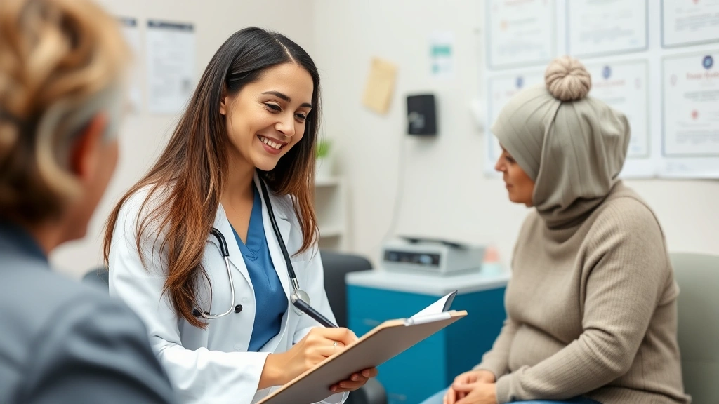 Smiling licensed healthcare professional writing on clipboard during patient consultation in clinical office setting with med