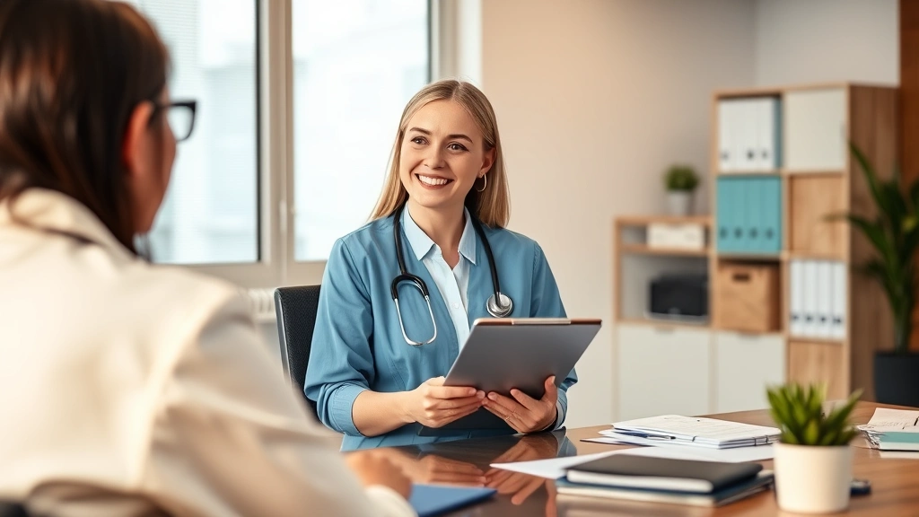 Professional woman in office holding clipboard discussing medical accommodation with healthcare provider at desk, warm lighti