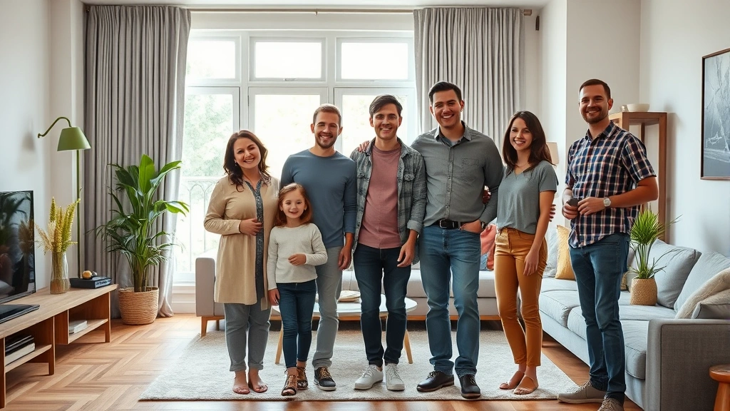 Diverse family standing in modern apartment living room with accessible features, natural light through windows, smiling and