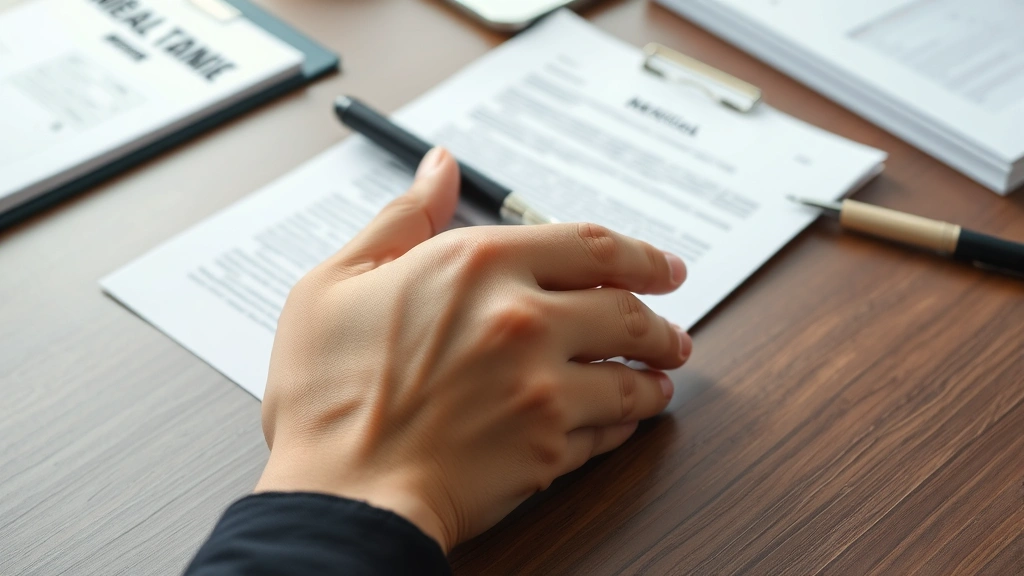 Close-up of hands reviewing official medical documentation and letter on desk with pen, organized paperwork, professional set