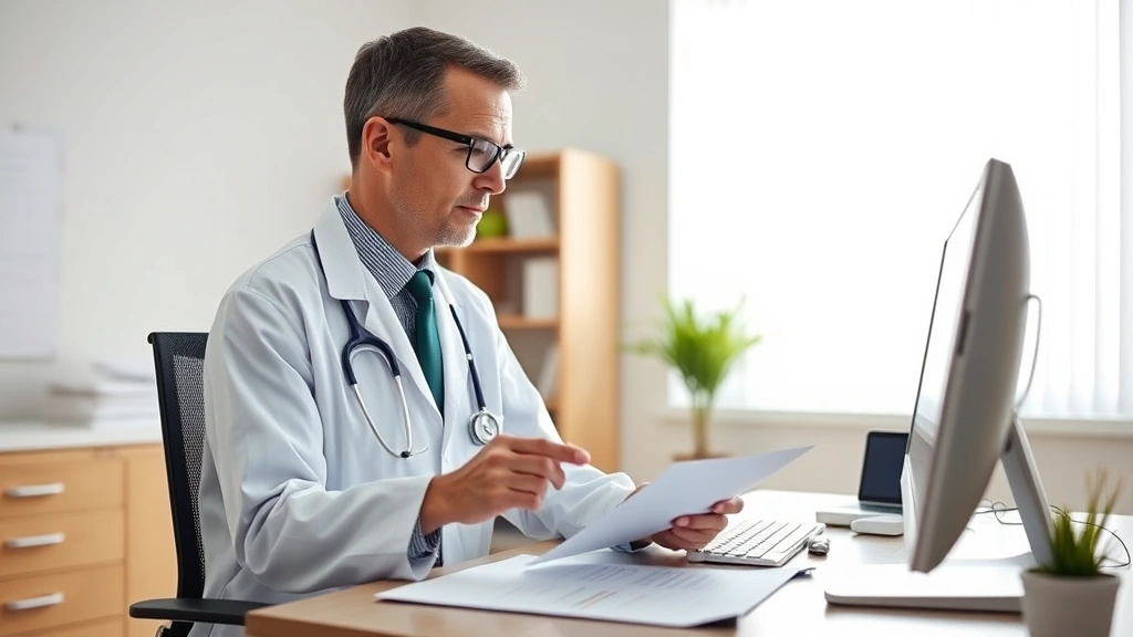 Healthcare provider in white coat reviewing medical documents at desk with computer, professional medical office setting, war