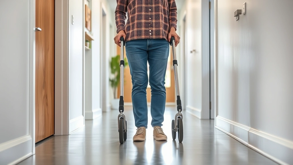 Person with mobility aid standing in accessible apartment hallway with wide doorways and accessible features, bright modern i