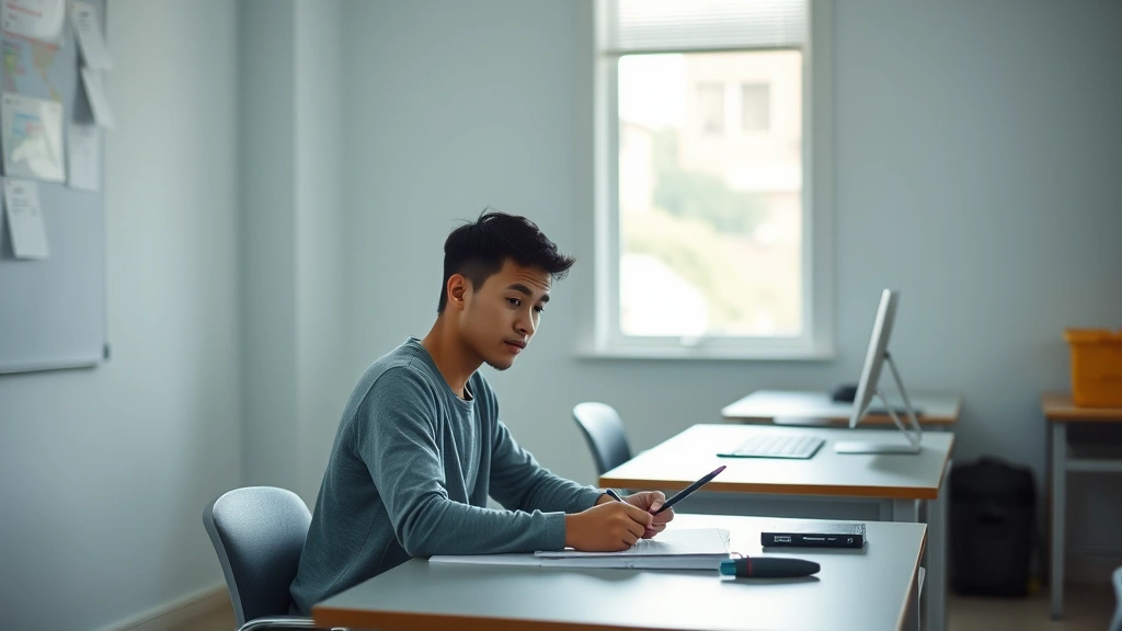 Student sitting at desk in quiet testing room taking exam with calm focused expression natural lighting