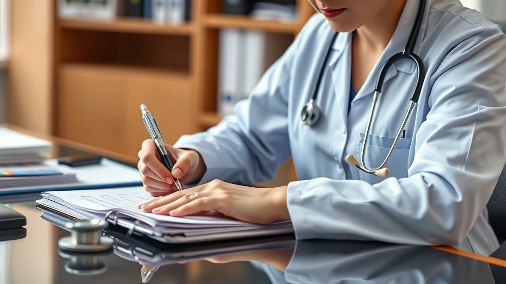 Healthcare provider writing detailed medical documentation at desk with stethoscope and professional office setting