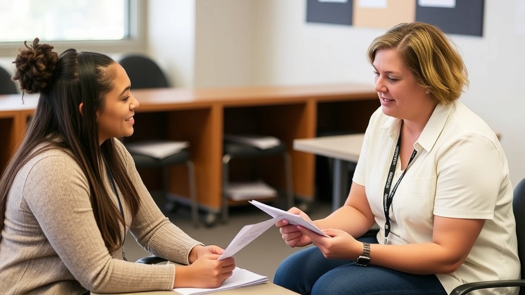 Student meeting with disability services coordinator reviewing accommodation letter and discussing academic support options
