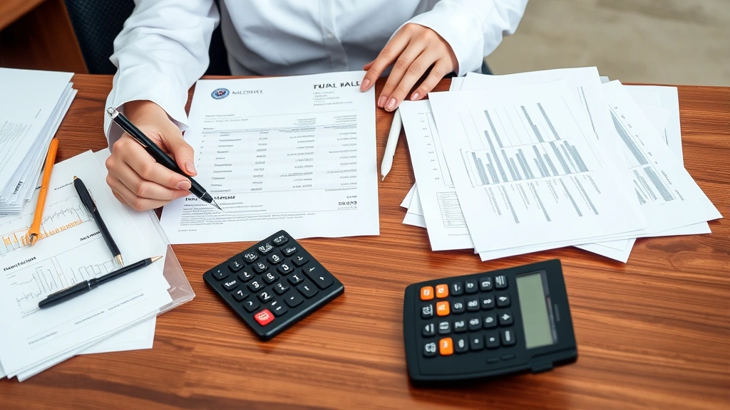 Professional woman at desk reviewing medical bills and financial documents with organized files and calculator