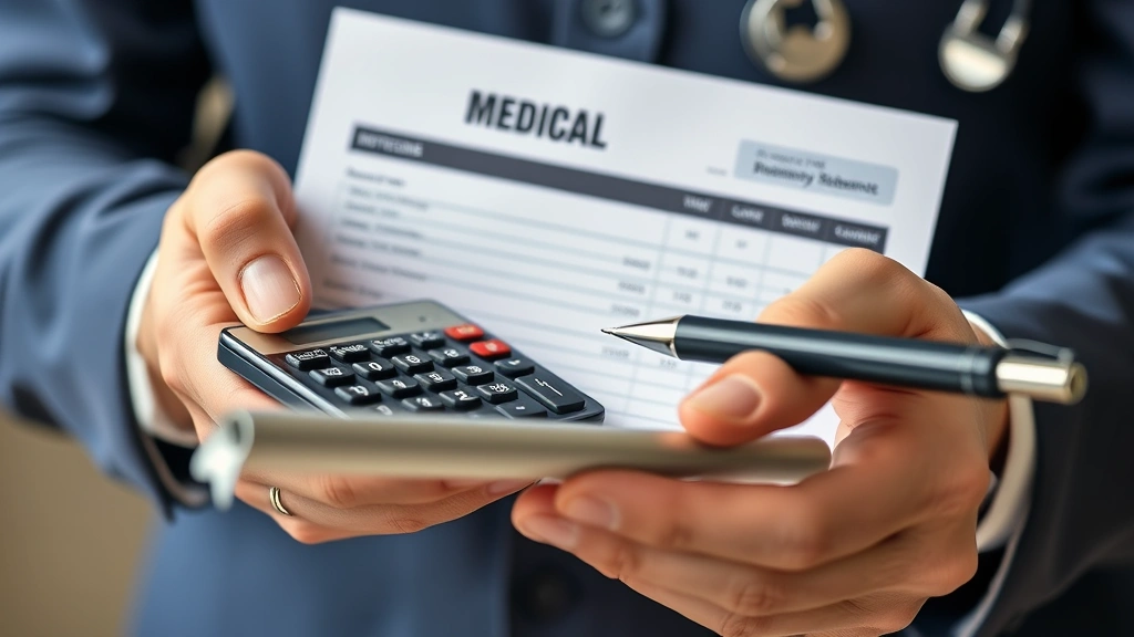 Close-up of hands holding medical invoice statement with calculator and pen for documentation review