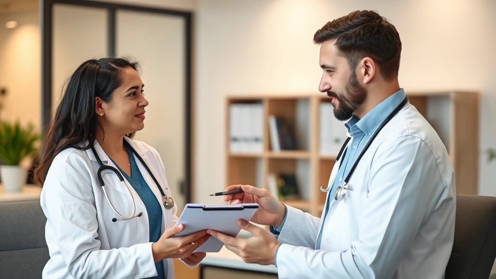 Diverse healthcare professional in office holding clipboard discussing billing options with patient in consultation