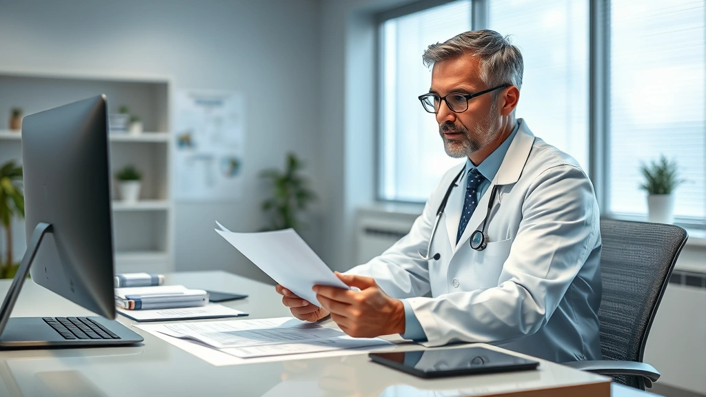 Professional doctor at desk reviewing medical documents and paperwork with focused expression, modern clinic office setting w