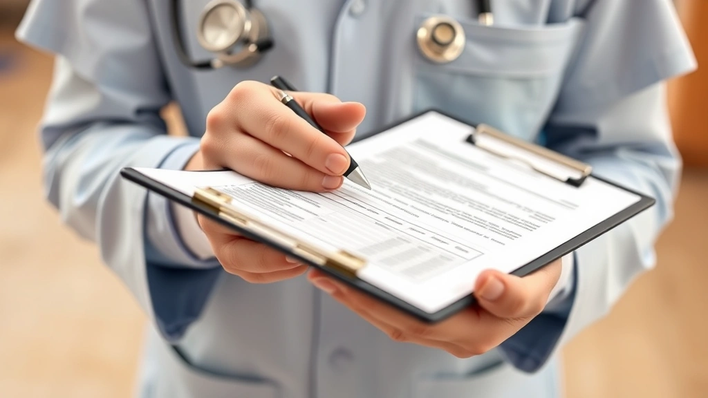 Close-up of hands holding official medical documents and clipboard with pen, healthcare professional environment, warm neutra