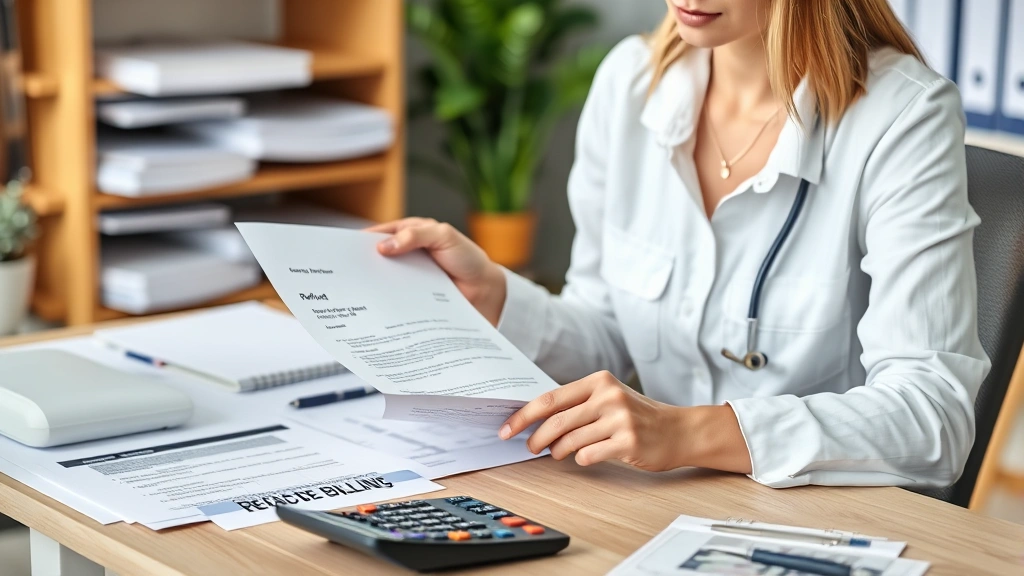 Professional woman at desk reviewing medical billing documents and refund request letter with organized files and calculator