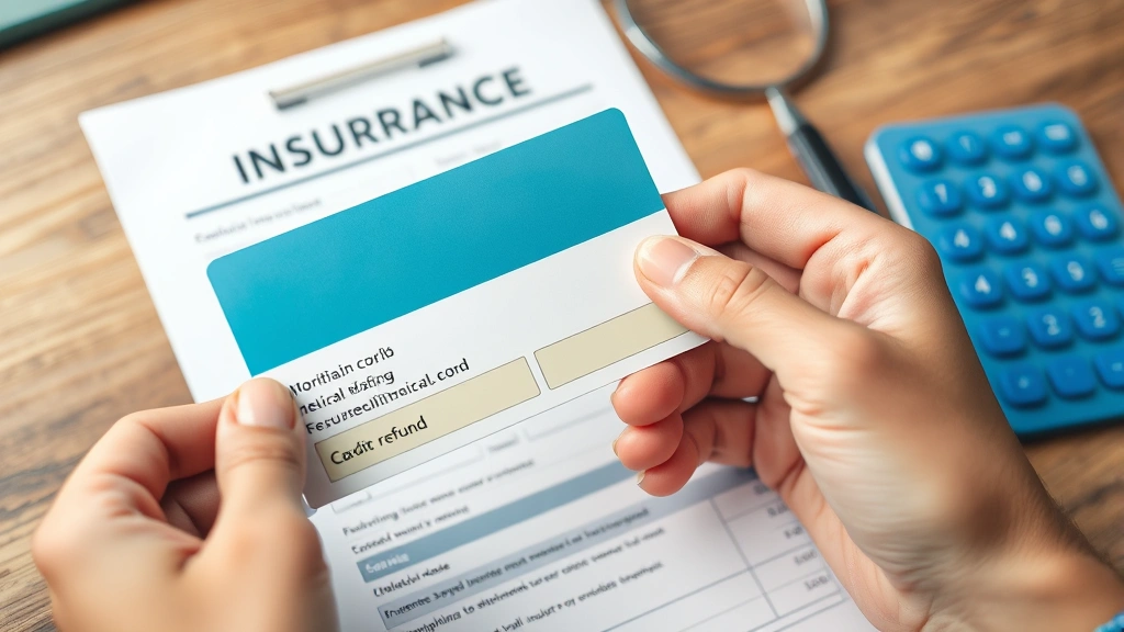 Close-up of hands holding medical insurance card and billing statement with highlighted refund section on wooden desk