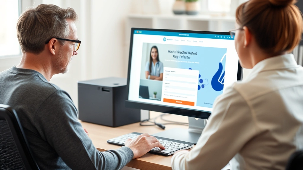 Patient sitting at home office computer with healthcare provider's website open, submitting medical refund request form elect