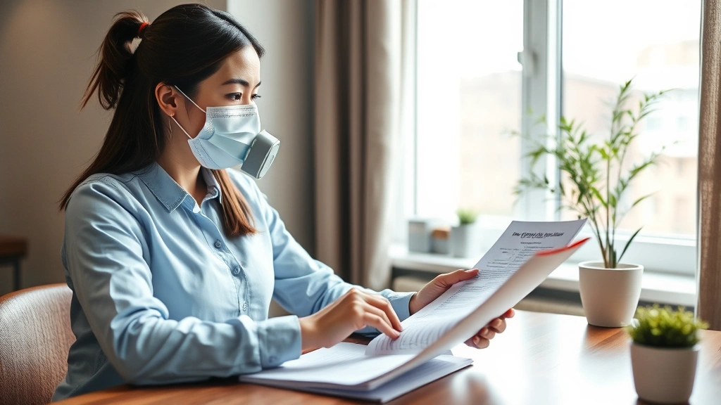 professional woman with respiratory mask reviewing medical documents at apartment table, natural light window background