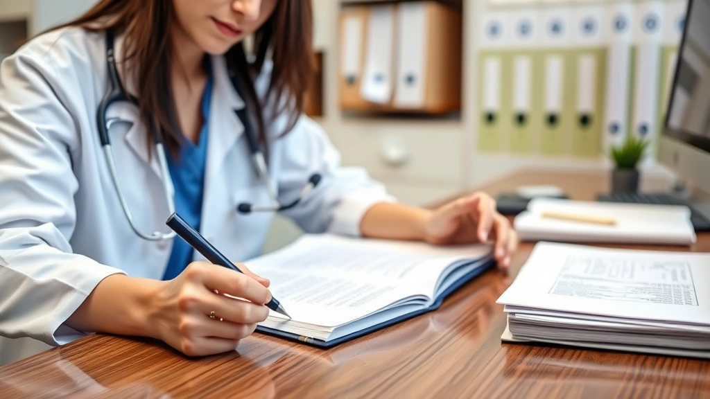 healthcare provider writing medical documentation at desk with stethoscope and patient file visible, clinical office environm