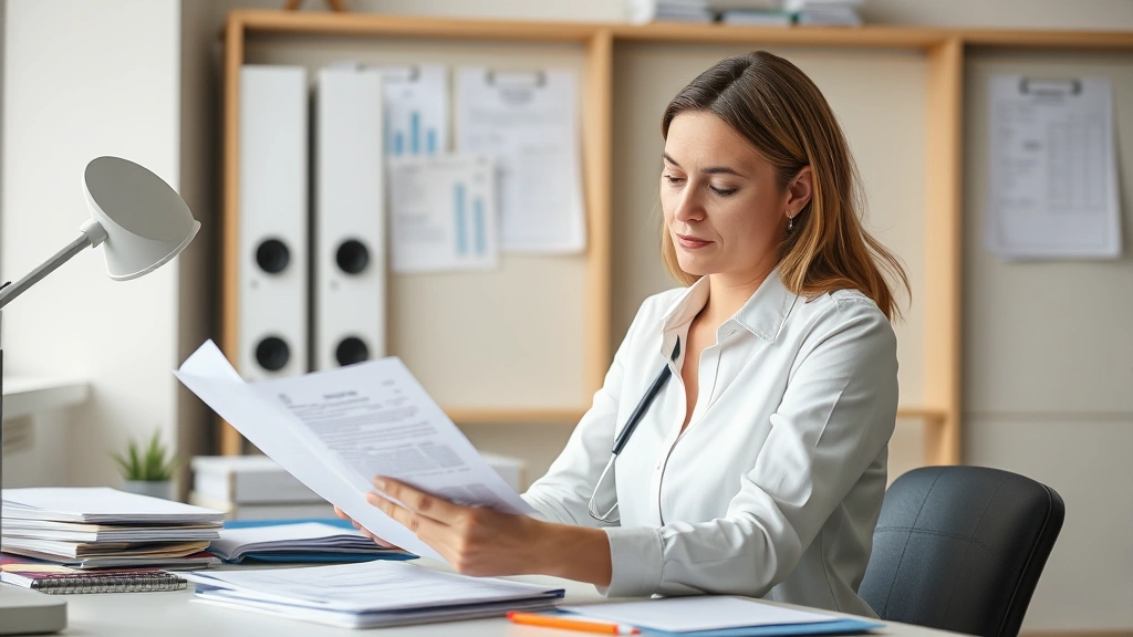 Professional woman reviewing medical documents and receipts at desk with organized files and folder