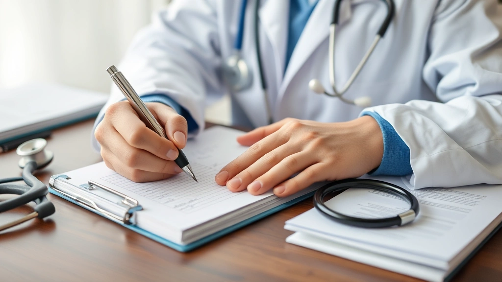 Healthcare provider writing notes in patient file with stethoscope and medical records visible on desk