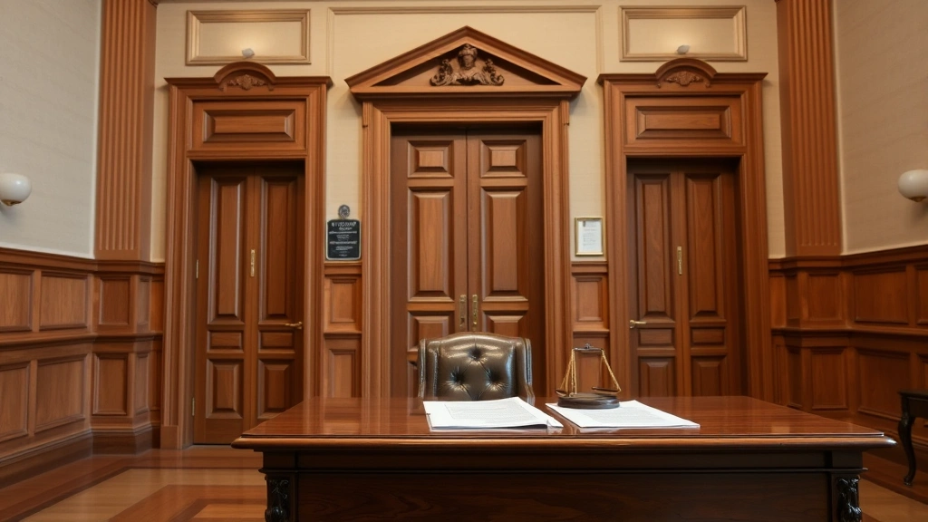 Courthouse interior with judge chambers door and legal documents on wooden desk in formal setting