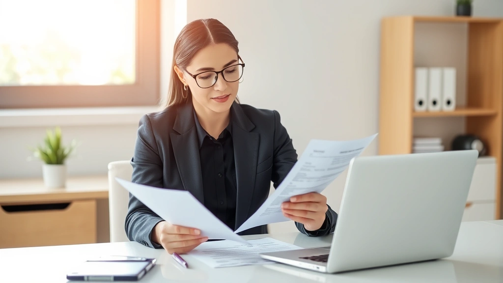 Professional woman in business attire reviewing medical documents and receipts at a clean desk with a laptop