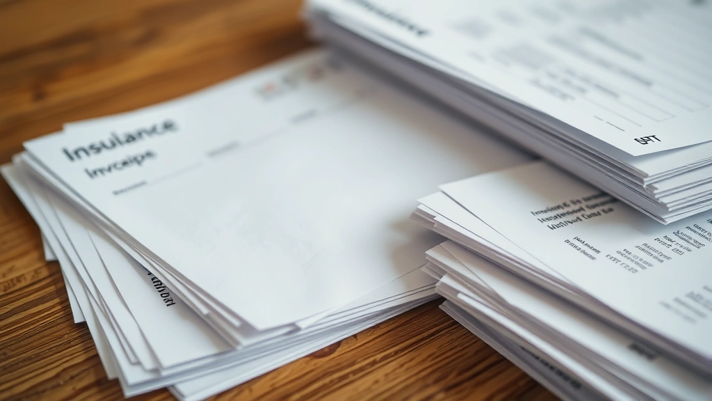 Close-up of organized medical invoices, receipts, and insurance statements arranged in neat stacks on a wooden table