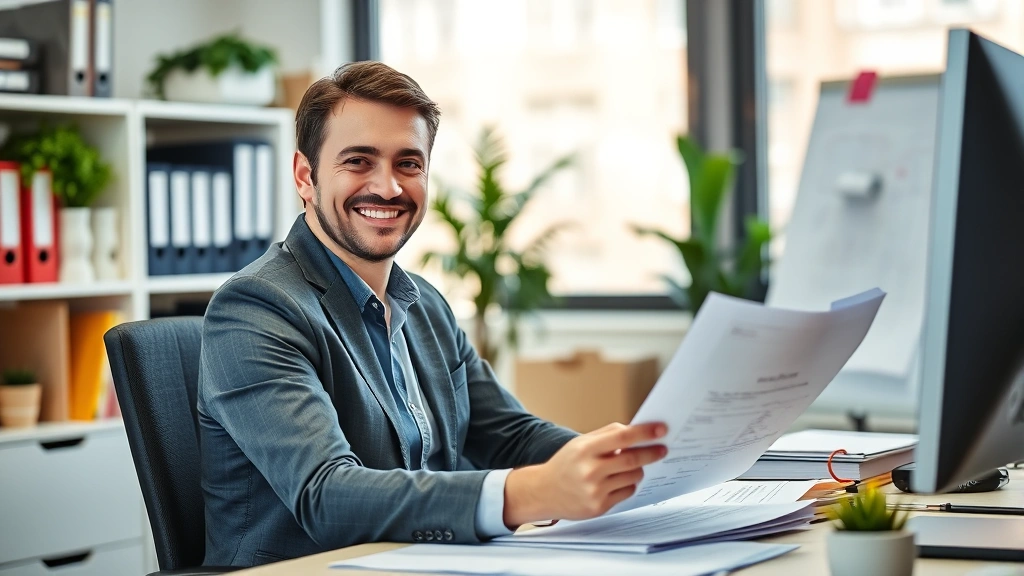 HR professional in office reviewing paperwork with warm, supportive expression while sitting at organized desk