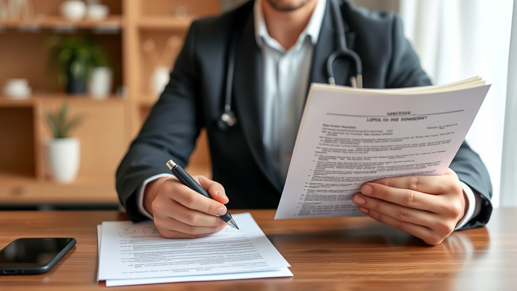 Person holding medical documents and lease paperwork at apartment table with calm professional demeanor